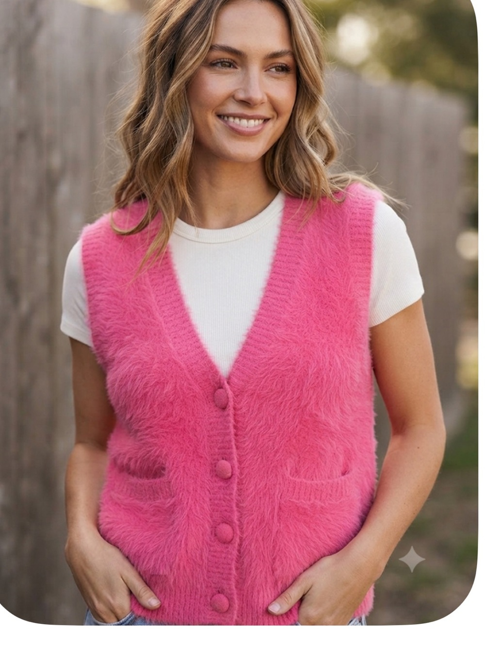 STwik Fuzzy Hot Pink Sleeveless Buttoned Sweater Vest size L